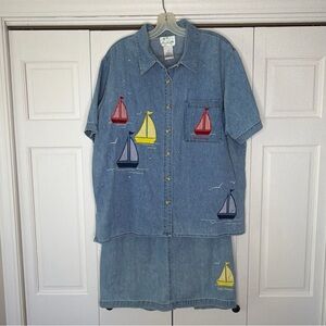 The Quacker Factory Women’s Denim Shirt Skirt Set Sz 1X Button Up Elastic Waist